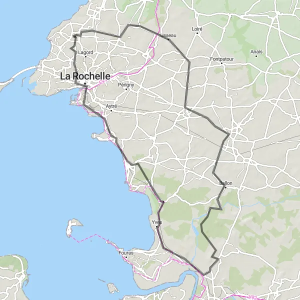 Map miniature of "Scenic Road Ride to La Rochelle" cycling inspiration in Poitou-Charentes, France. Generated by Tarmacs.app cycling route planner