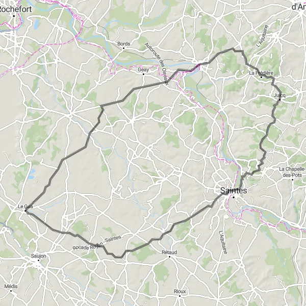 Map miniature of "Explore the Scenic Routes of Le Gua" cycling inspiration in Poitou-Charentes, France. Generated by Tarmacs.app cycling route planner