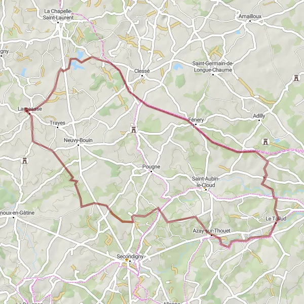 Map miniature of "Azay-sur-Thouet Gravel Ride" cycling inspiration in Poitou-Charentes, France. Generated by Tarmacs.app cycling route planner