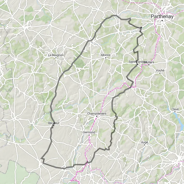 Map miniature of "Gâtine Adventure" cycling inspiration in Poitou-Charentes, France. Generated by Tarmacs.app cycling route planner