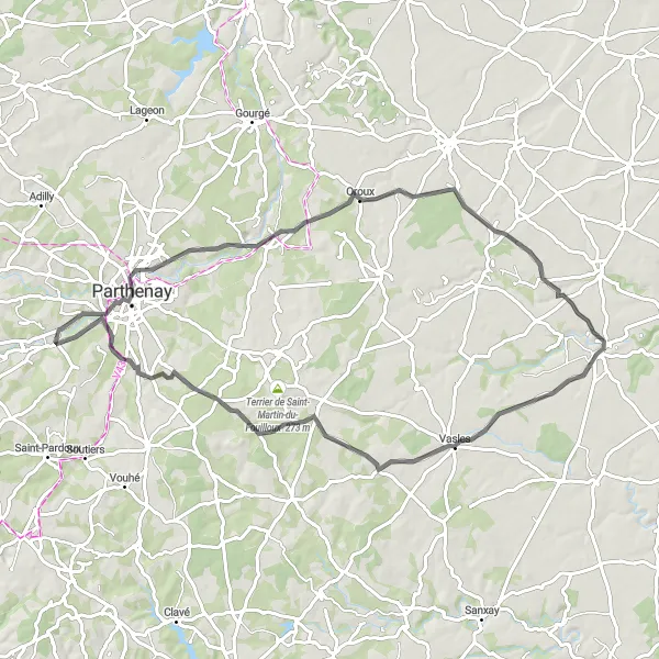 Map miniature of "Oroux Circuit" cycling inspiration in Poitou-Charentes, France. Generated by Tarmacs.app cycling route planner