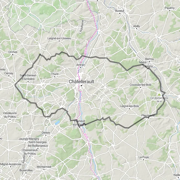 Map miniature of "Poitiers and the Countryside" cycling inspiration in Poitou-Charentes, France. Generated by Tarmacs.app cycling route planner