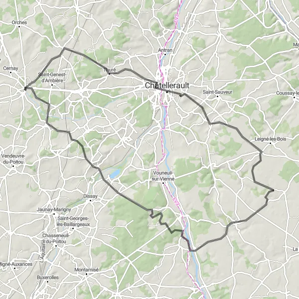 Miniature de la carte de l'inspiration cycliste "De la ville à la campagne" dans la Poitou-Charentes, France. Générée par le planificateur d'itinéraire cycliste Tarmacs.app