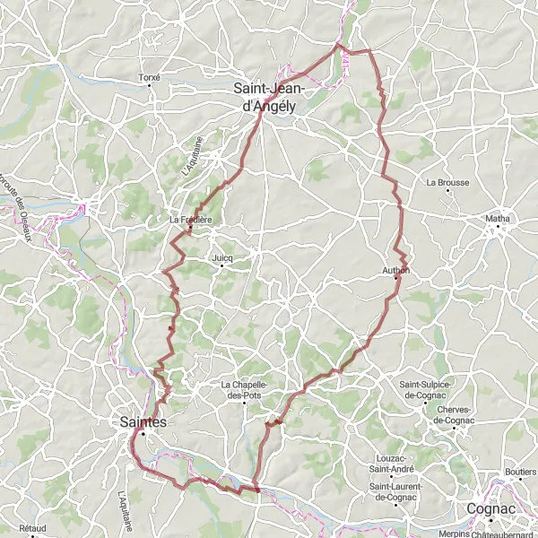 Map miniature of "Les Gonds to Saint-Bris-des-Bois Gravel Route" cycling inspiration in Poitou-Charentes, France. Generated by Tarmacs.app cycling route planner