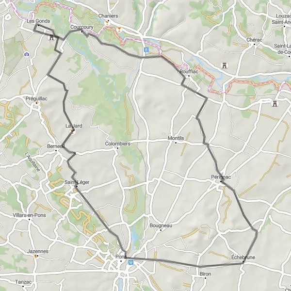 Miniature de la carte de l'inspiration cycliste "Les Gonds - La Jard Tour" dans la Poitou-Charentes, France. Générée par le planificateur d'itinéraire cycliste Tarmacs.app