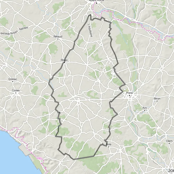 Miniature de la carte de l'inspiration cycliste "Les Gonds - Saint-Quantin-de-Rançanne - Chermignac" dans la Poitou-Charentes, France. Générée par le planificateur d'itinéraire cycliste Tarmacs.app