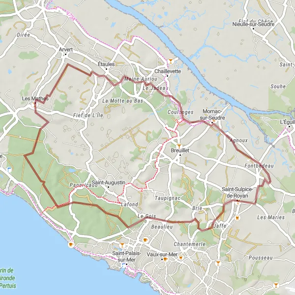 Miniature de la carte de l'inspiration cycliste "Les Mathes to Mornac-sur-Seudre Gravel Route" dans la Poitou-Charentes, France. Générée par le planificateur d'itinéraire cycliste Tarmacs.app
