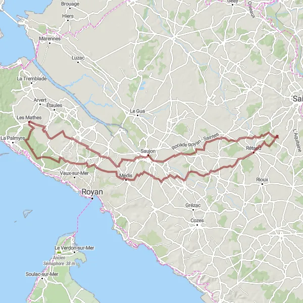 Miniature de la carte de l'inspiration cycliste "Médis to Les Mathes Gravel Route" dans la Poitou-Charentes, France. Générée par le planificateur d'itinéraire cycliste Tarmacs.app