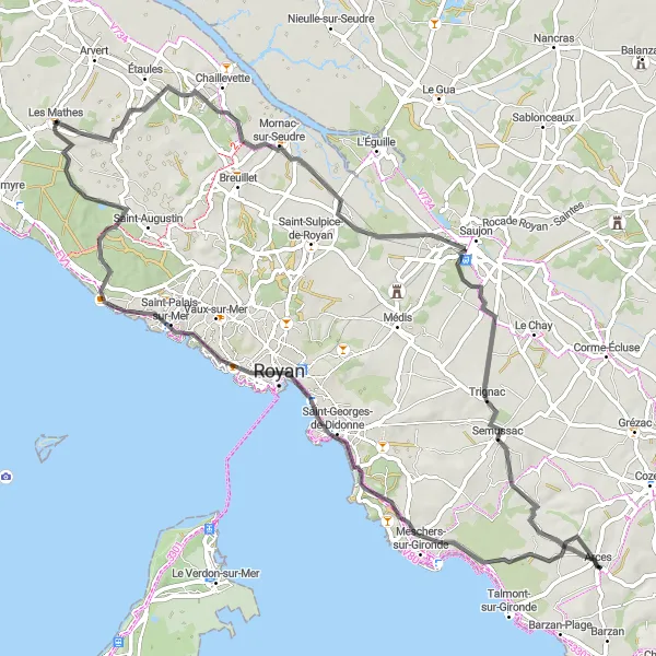 Map miniature of "Coastal and Countryside Blend" cycling inspiration in Poitou-Charentes, France. Generated by Tarmacs.app cycling route planner