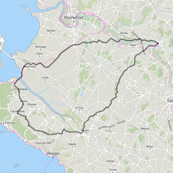 Map miniature of "Road Cycling Route: Les Mathes Grand Tour" cycling inspiration in Poitou-Charentes, France. Generated by Tarmacs.app cycling route planner
