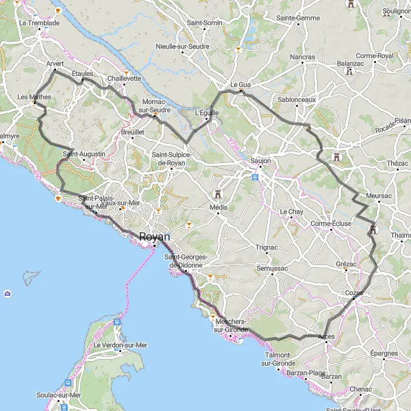 Map miniature of "Road Cycling Route: Les Mathes Loop" cycling inspiration in Poitou-Charentes, France. Generated by Tarmacs.app cycling route planner