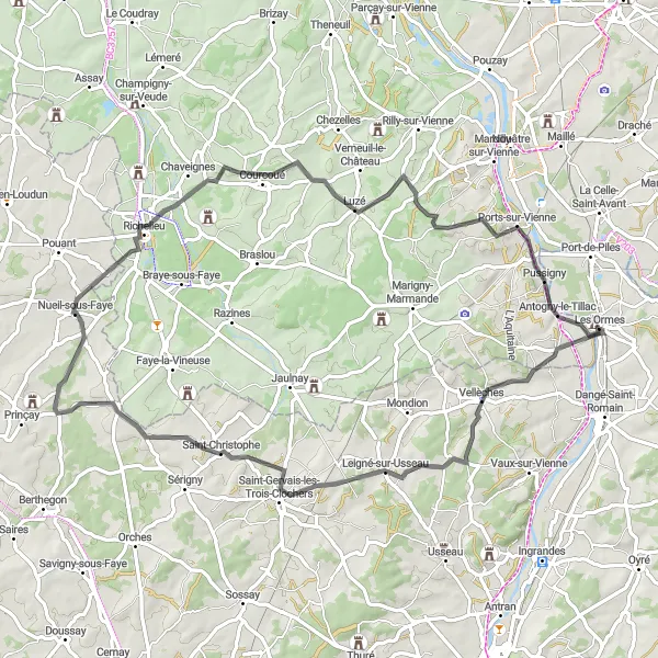 Map miniature of "Leigné-sur-Usseau Loop" cycling inspiration in Poitou-Charentes, France. Generated by Tarmacs.app cycling route planner