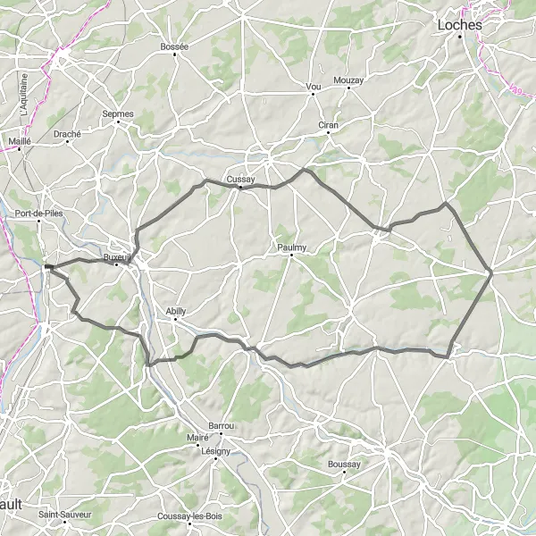 Map miniature of "Le Grand-Pressigny Journey" cycling inspiration in Poitou-Charentes, France. Generated by Tarmacs.app cycling route planner