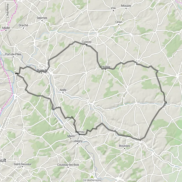 Miniature de la carte de l'inspiration cycliste "Voyage à vélo de Les Ormes à Leugny" dans la Poitou-Charentes, France. Générée par le planificateur d'itinéraire cycliste Tarmacs.app