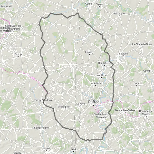 Map miniature of "Exploring the Countryside" cycling inspiration in Poitou-Charentes, France. Generated by Tarmacs.app cycling route planner