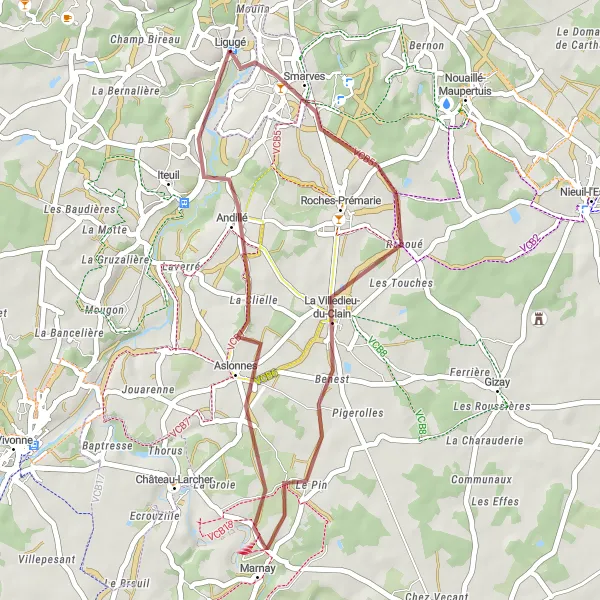 Map miniature of "Ligugé - Smarves - Marnay - Aslonnes - Ligugé" cycling inspiration in Poitou-Charentes, France. Generated by Tarmacs.app cycling route planner