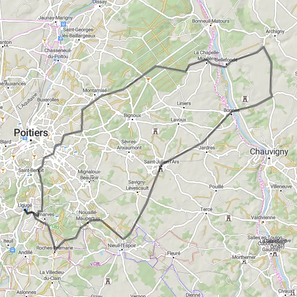 Map miniature of "Ligugé - Montamisé - Bellefonds - Bonnes - Nieuil-l'Espoir - Smarves" cycling inspiration in Poitou-Charentes, France. Generated by Tarmacs.app cycling route planner