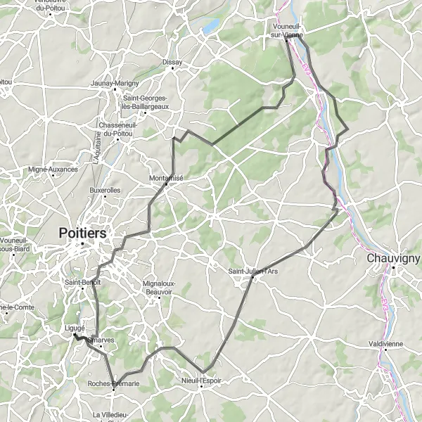 Map miniature of "Ligugé - Montamisé - Vouneuil-sur-Vienne - Bonnes - Nouaillé-Maupertuis - Smarves" cycling inspiration in Poitou-Charentes, France. Generated by Tarmacs.app cycling route planner