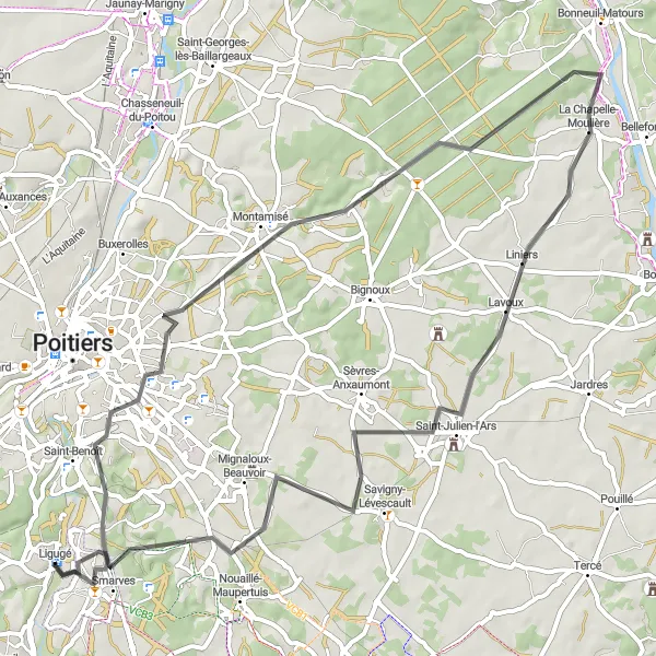 Miniature de la carte de l'inspiration cycliste "Circuit de Ligugé - Château" dans la Poitou-Charentes, France. Générée par le planificateur d'itinéraire cycliste Tarmacs.app