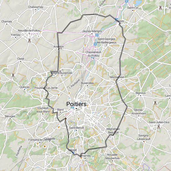 Map miniature of "The Castle Tour" cycling inspiration in Poitou-Charentes, France. Generated by Tarmacs.app cycling route planner