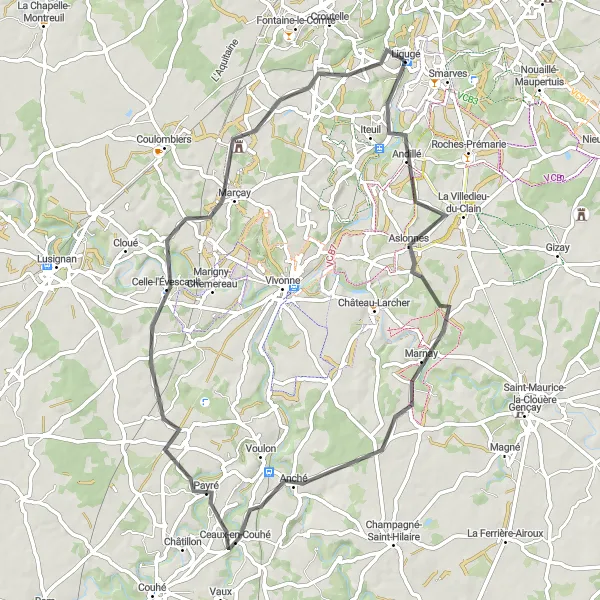 Map miniature of "Ligugé - Aslonnes - Marnay - Ceaux-en-Couhé - Celle-l'Évescault - Ancienne abbaye de Bonnevaux" cycling inspiration in Poitou-Charentes, France. Generated by Tarmacs.app cycling route planner