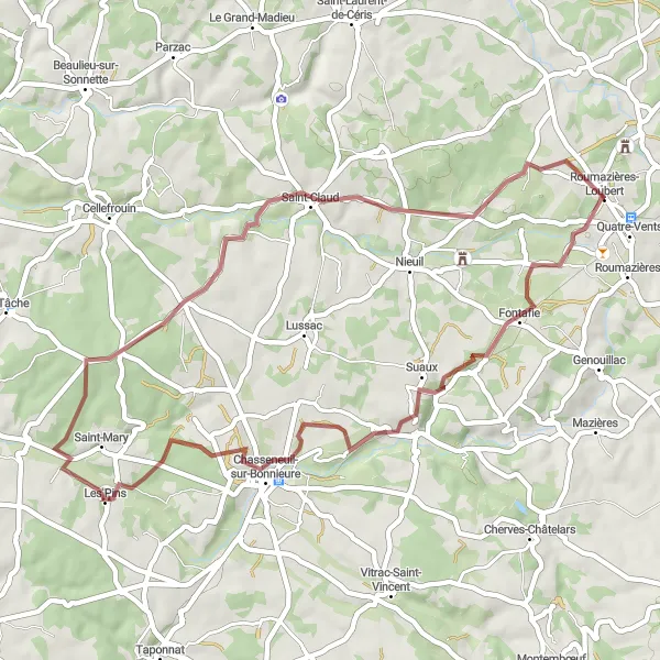 Miniature de la carte de l'inspiration cycliste "Boucle des Châteaux Mystérieux" dans la Poitou-Charentes, France. Générée par le planificateur d'itinéraire cycliste Tarmacs.app