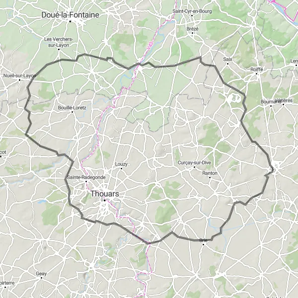 Miniature de la carte de l'inspiration cycliste "Le Circuit des Châteaux en Poitou-Charentes" dans la Poitou-Charentes, France. Générée par le planificateur d'itinéraire cycliste Tarmacs.app