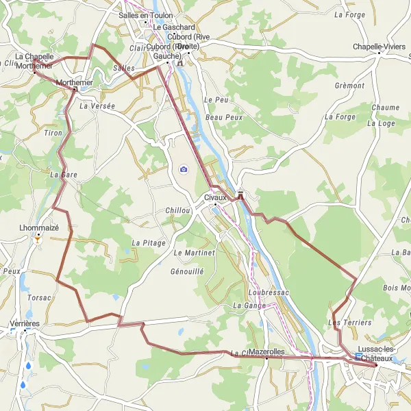 Miniature de la carte de l'inspiration cycliste "La boucle des vignes en gravel" dans la Poitou-Charentes, France. Générée par le planificateur d'itinéraire cycliste Tarmacs.app