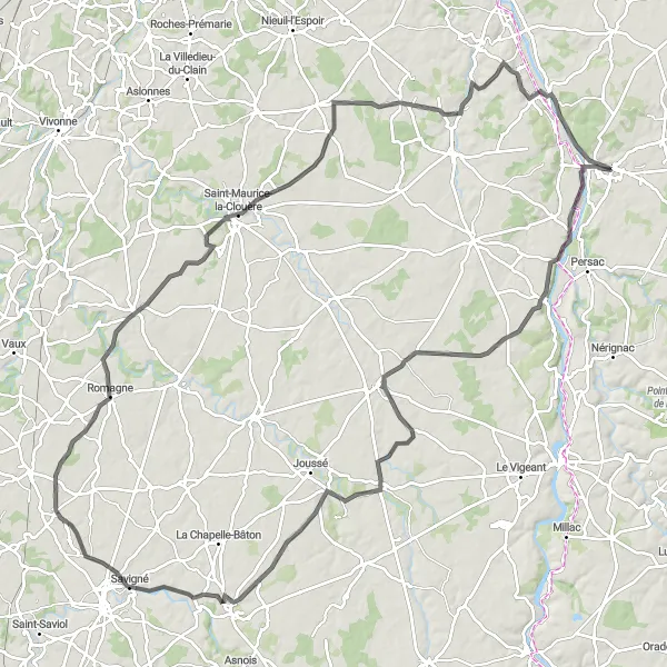 Miniature de la carte de l'inspiration cycliste "Parcours historique en route" dans la Poitou-Charentes, France. Générée par le planificateur d'itinéraire cycliste Tarmacs.app