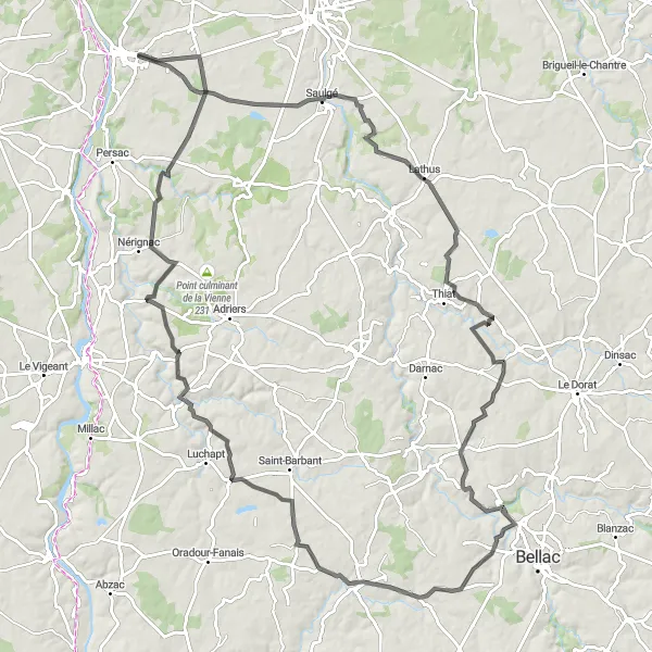 Miniature de la carte de l'inspiration cycliste "Les Châteaux Tour" dans la Poitou-Charentes, France. Générée par le planificateur d'itinéraire cycliste Tarmacs.app