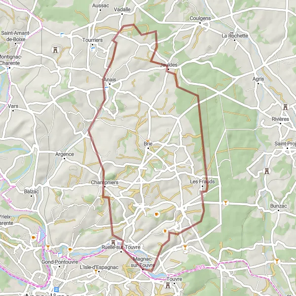 Map miniature of "Anais and Jauldes Loop" cycling inspiration in Poitou-Charentes, France. Generated by Tarmacs.app cycling route planner