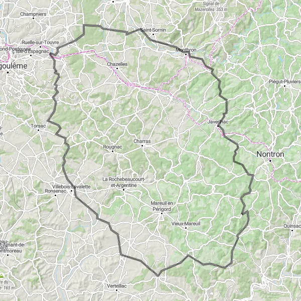Miniature de la carte de l'inspiration cycliste "Tour des Châteaux et Villages" dans la Poitou-Charentes, France. Générée par le planificateur d'itinéraire cycliste Tarmacs.app