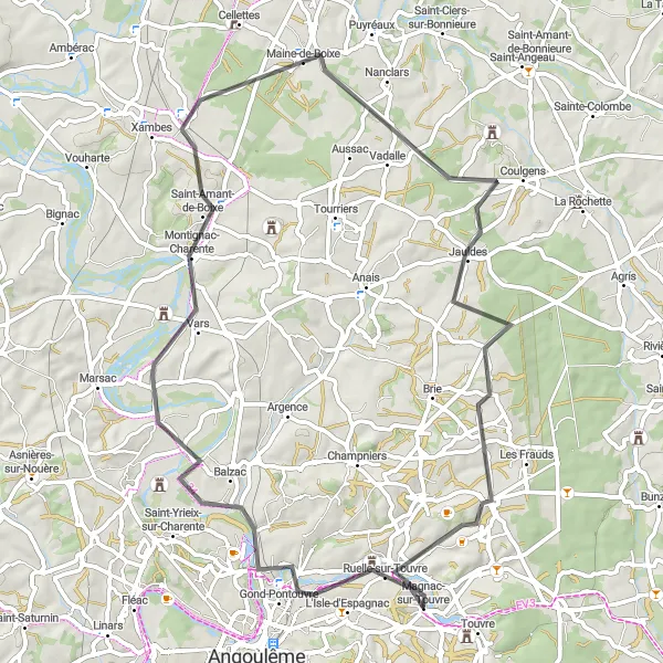 Miniature de la carte de l'inspiration cycliste "La Campagne Charentaise" dans la Poitou-Charentes, France. Générée par le planificateur d'itinéraire cycliste Tarmacs.app