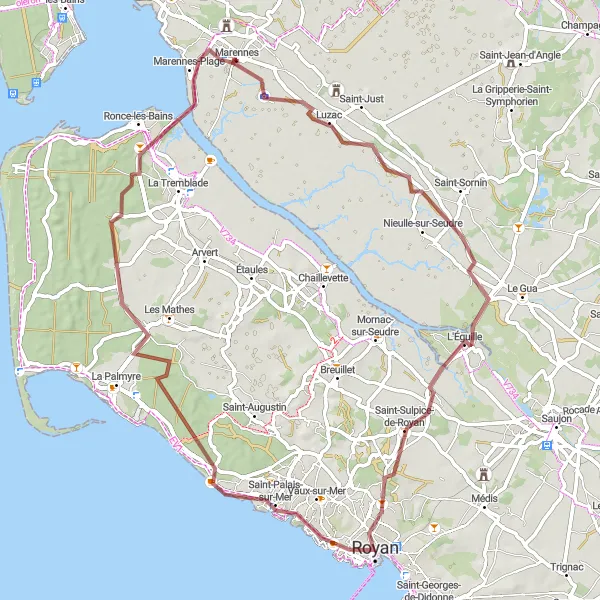 Map miniature of "Coastal Gravel Expedition from Royan to Marennes" cycling inspiration in Poitou-Charentes, France. Generated by Tarmacs.app cycling route planner