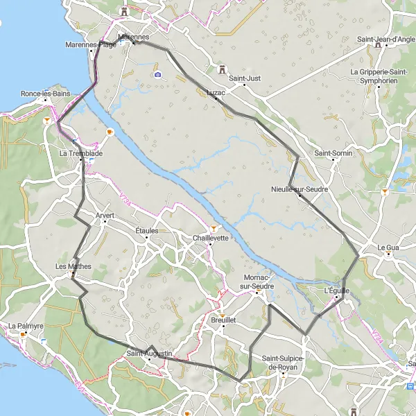 Miniature de la carte de l'inspiration cycliste "La Route des Marais" dans la Poitou-Charentes, France. Générée par le planificateur d'itinéraire cycliste Tarmacs.app