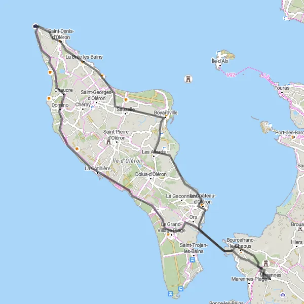 Map miniature of "The Coastal Route" cycling inspiration in Poitou-Charentes, France. Generated by Tarmacs.app cycling route planner