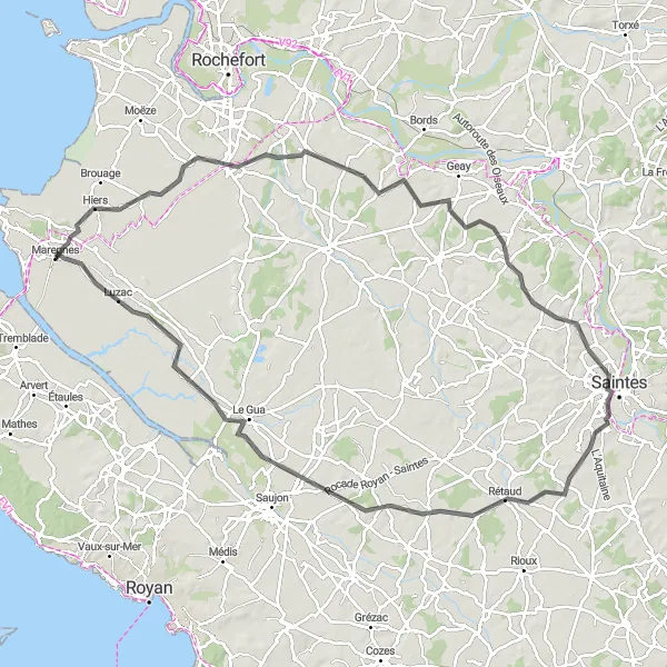 Miniature de la carte de l'inspiration cycliste "Route cyclable vers Marennes" dans la Poitou-Charentes, France. Générée par le planificateur d'itinéraire cycliste Tarmacs.app