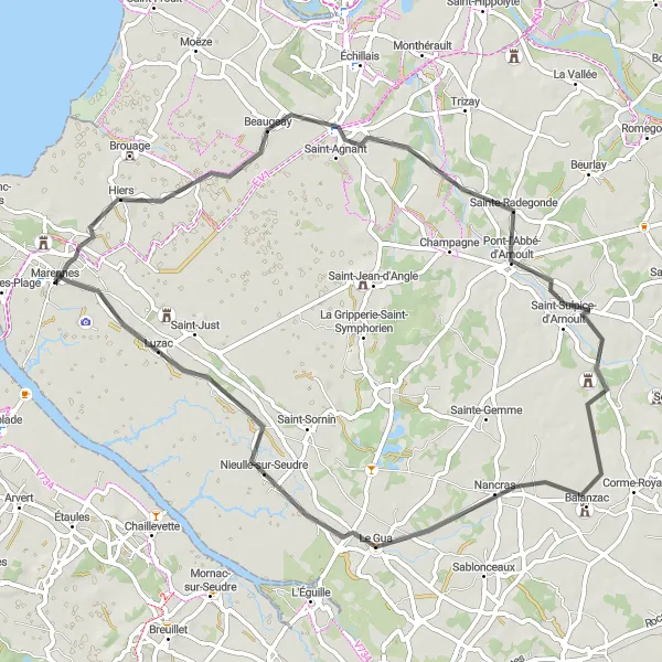 Miniature de la carte de l'inspiration cycliste "Balade le long de la Seudre" dans la Poitou-Charentes, France. Générée par le planificateur d'itinéraire cycliste Tarmacs.app