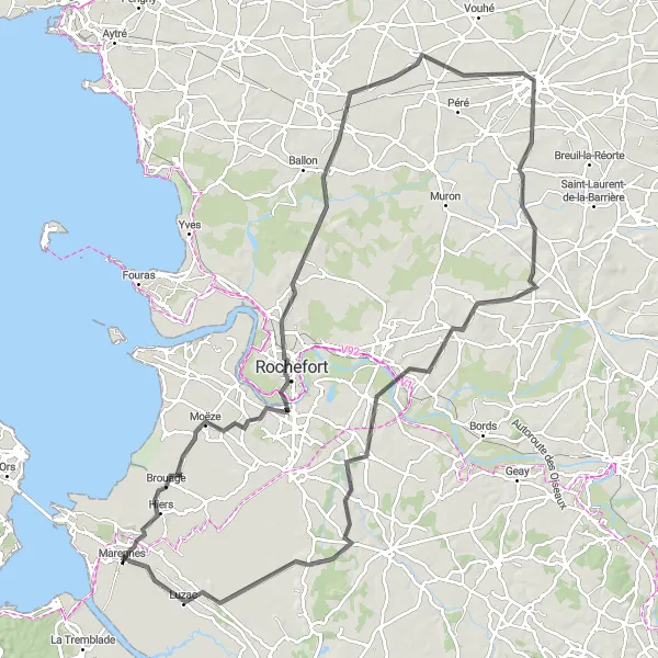 Map miniature of "Road Cycling: Châteaux and Estuaries" cycling inspiration in Poitou-Charentes, France. Generated by Tarmacs.app cycling route planner
