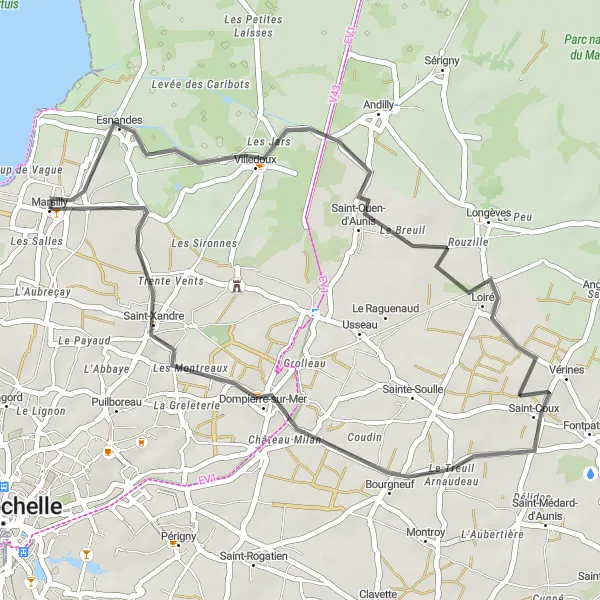 Miniature de la carte de l'inspiration cycliste "Boucle Esnandes - Dompierre-sur-Mer" dans la Poitou-Charentes, France. Générée par le planificateur d'itinéraire cycliste Tarmacs.app