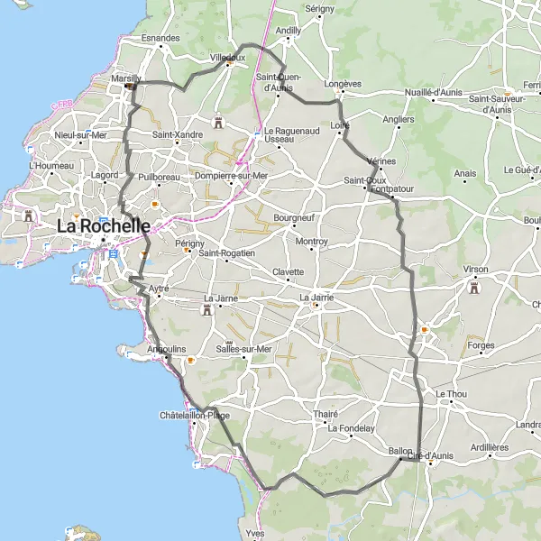Miniature de la carte de l'inspiration cycliste "Parcours Sportif à Travers la Campagne Charentaise" dans la Poitou-Charentes, France. Générée par le planificateur d'itinéraire cycliste Tarmacs.app