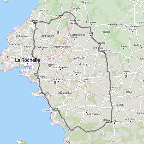 Map miniature of "Road Route near Marsilly" cycling inspiration in Poitou-Charentes, France. Generated by Tarmacs.app cycling route planner