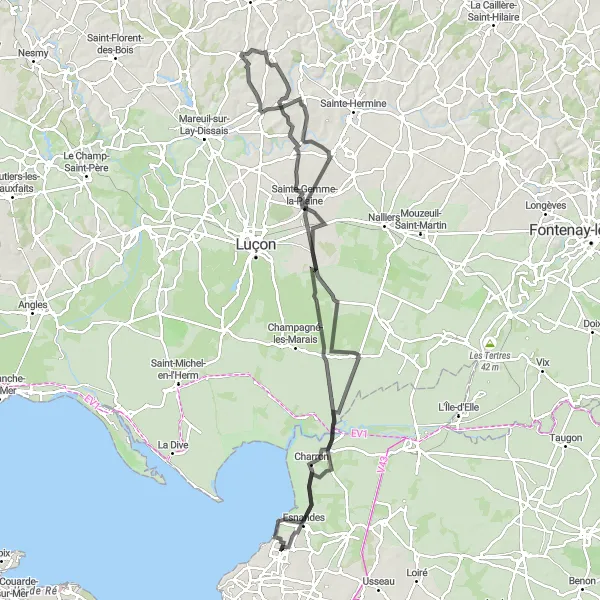 Miniature de la carte de l'inspiration cycliste "Les Marais de la côte Atlantique" dans la Poitou-Charentes, France. Générée par le planificateur d'itinéraire cycliste Tarmacs.app
