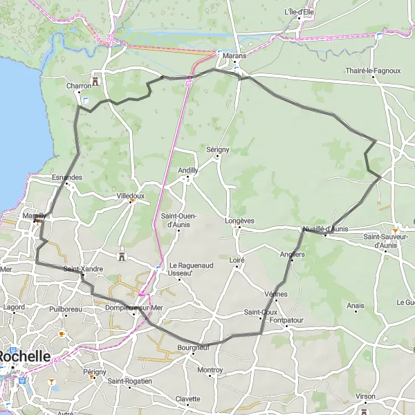 Map miniature of "Scenic Road Cycling near Marsilly" cycling inspiration in Poitou-Charentes, France. Generated by Tarmacs.app cycling route planner