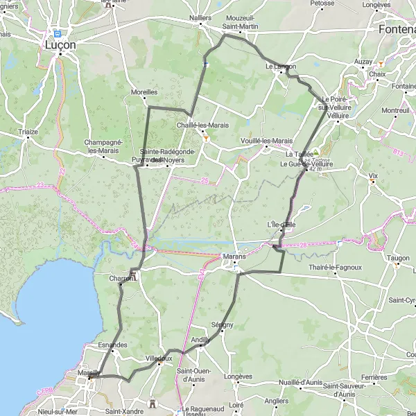 Map miniature of "Marsilly Loop" cycling inspiration in Poitou-Charentes, France. Generated by Tarmacs.app cycling route planner