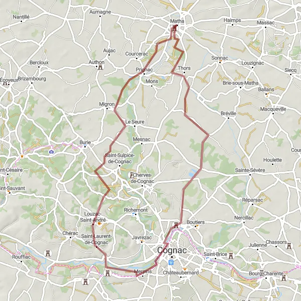 Map miniature of "Château de Matha Circuit" cycling inspiration in Poitou-Charentes, France. Generated by Tarmacs.app cycling route planner