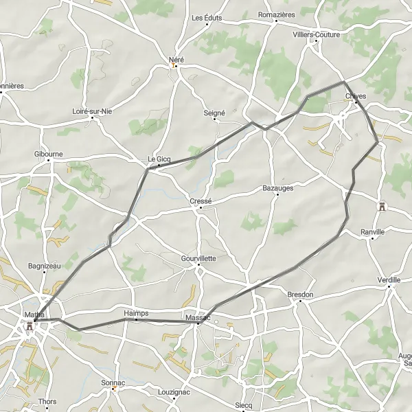 Map miniature of "Seigné Circuit" cycling inspiration in Poitou-Charentes, France. Generated by Tarmacs.app cycling route planner