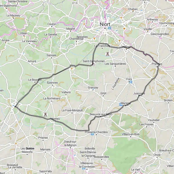 Map miniature of "Mauzé-sur-le-Mignon - Frontenay-Rohan-Rohan Loop" cycling inspiration in Poitou-Charentes, France. Generated by Tarmacs.app cycling route planner