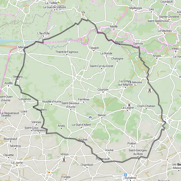 Miniature de la carte de l'inspiration cycliste "Les Marais Poitevins" dans la Poitou-Charentes, France. Générée par le planificateur d'itinéraire cycliste Tarmacs.app
