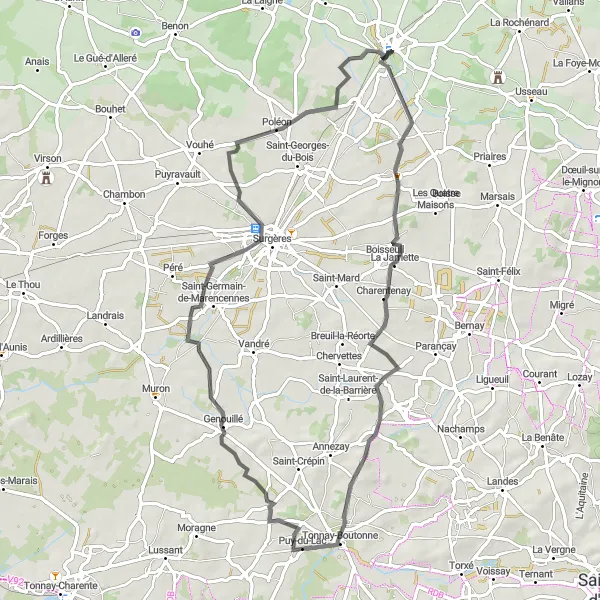 Miniature de la carte de l'inspiration cycliste "La Campagne Saintaise" dans la Poitou-Charentes, France. Générée par le planificateur d'itinéraire cycliste Tarmacs.app